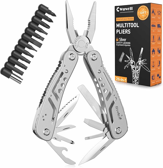 26-in-1 Multitool竊똏rofessional Stainless Steel Multi Tools 竊똌ultitool Pliers Pliers Pocket Knife with Heavy Duty Screwdriver Sleeve, Replaceable Bits Multitools for Outdoor, (silvery)
