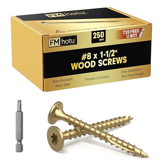 #8 x 1-1/2” Deck Screws, 250Pcs Star Drive Wood Screws, Rust Resistant Timber Screws for Timber/Log/Landscaping Wood, T20 Star Bit Included, Gold