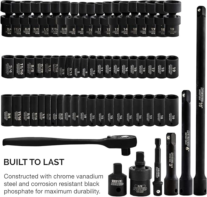NEIKO 02471A Impact Socket Set, 3/8??Drive, 67 Piece, Metric and Standard Master Socket Set with Shallow & Deep Sockets, Ratchet, Swivel Sockets, Extension Bars, Adapters, Cr-V & Cr-Mo