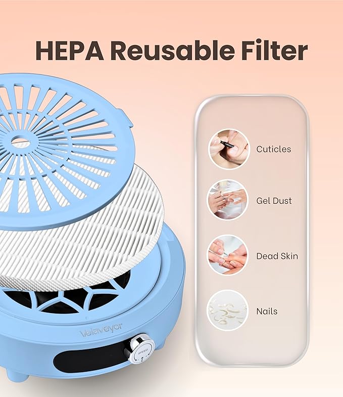 Nail Dust Collector, Rechargeable & Cordless 3800 RPM Low Noise Nail Vacuum Fan with LED Display, Adjustable Speed, Reusable Filter, 30 Pcs Paper, for Acrylic Nails, Salon & Home Use, Blue