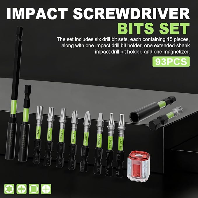 Magnetic Screwdriver Bit Set, 93-Piece Impact Ready S2 Steel Driver Bits with Magnetizer, Extension Bars, for Automotive, Repair & DIY Projects (PH/PZ/SQ/T/Torx)