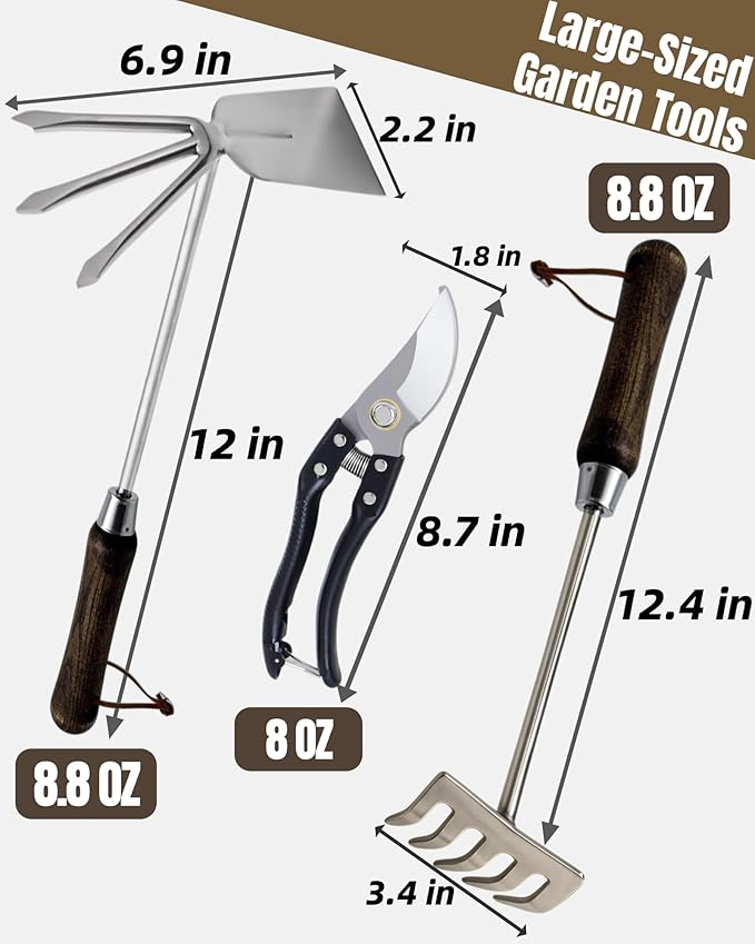 Garden Tool Set, 6PCS Heavy Duty Stainless Steel Gardening Hand Tools with Ropes, Includes Hand Cultivator Shovel Trowel Transplanter 2-in-1 Hoe Pruner, Ideal Gardening Gifts for Women Men (Standard)