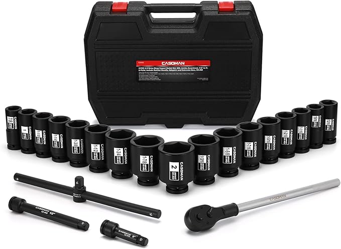 CASOMAN 3/4-Inch Drive Jumbo Master Impact Socket Set, 21PCS SAE Deep Socket Assortment (7/8" to 2"), Include Extension Bar and Ratchet Handle, CR-MO
