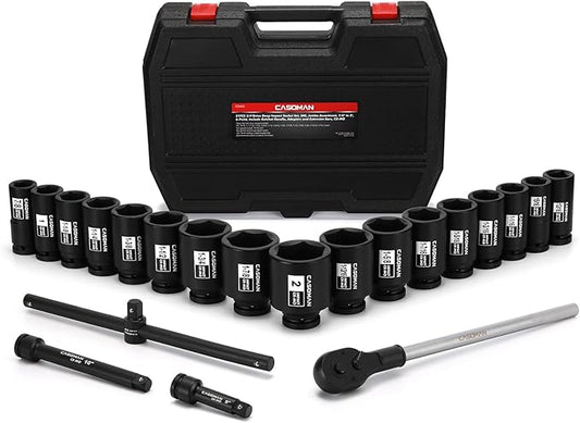 CASOMAN 3/4-Inch Drive Jumbo Master Impact Socket Set, 21PCS SAE Deep Socket Assortment (7/8" to 2"), Include Extension Bar and Ratchet Handle, CR-MO