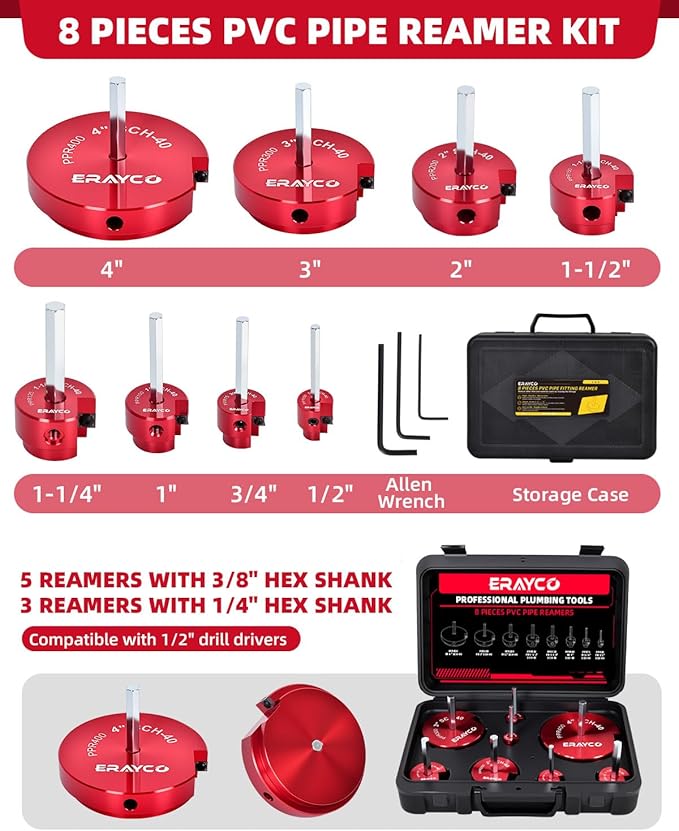 ERAYCO 8-Piece PVC Pipe Reamer Kit with 1/2", 3/4", 1", 1-1/4", 1-1/2", 2", 3", 4" Heads, 4-Sided Carbide Aluminum Fitting Saver, Plumbing Tools for Schedule SCH40 PVC, CPVC or ABS