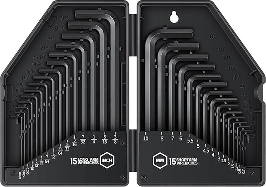 30 PCS Hex Head Key Allen Wrench Tool Set Organizer Kit Alloy Steel L Shape Black Metric (0.7-10 mm) SAE (0.028"-3/8") Standard In Storage Case Long Short Arm