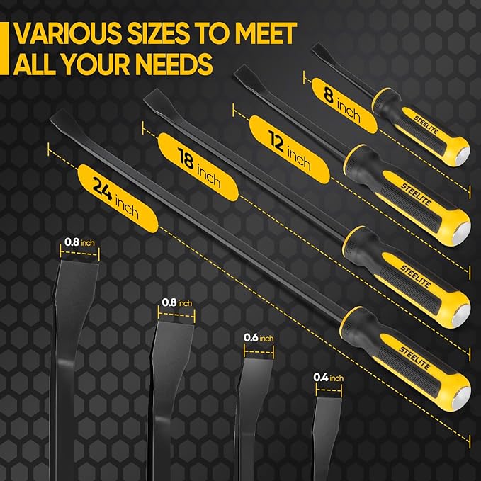 STEELITE Pry Bar Set, 8",12",18",24", Heavy Duty Pry Bar 4-Piece Mechanic Hand Tools with Thicker Strike Cap Ergonomic Handle