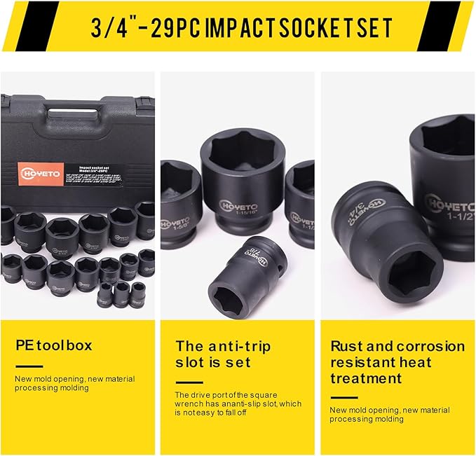 29-Piece 3/4" Drive Impact Socket Set, SAE 3/4" to 2-1/2", 6-Point Design, Rugged Construction, with Heavy-Duty Storage Case ??Ideal for Auto Repair & Household Use