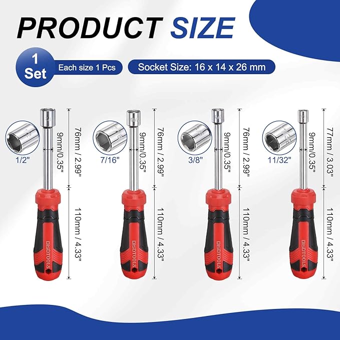 HARFINGTON 4 Pcs SAE Nut Driver 11/32" / 3/8" / 7/16" / 1/2" CR-V Non-Magnetic Tip Hollow Shafts Hex Socket Screwdriver with Anti-Slip Handle for Automobile Repair Bit Driver
