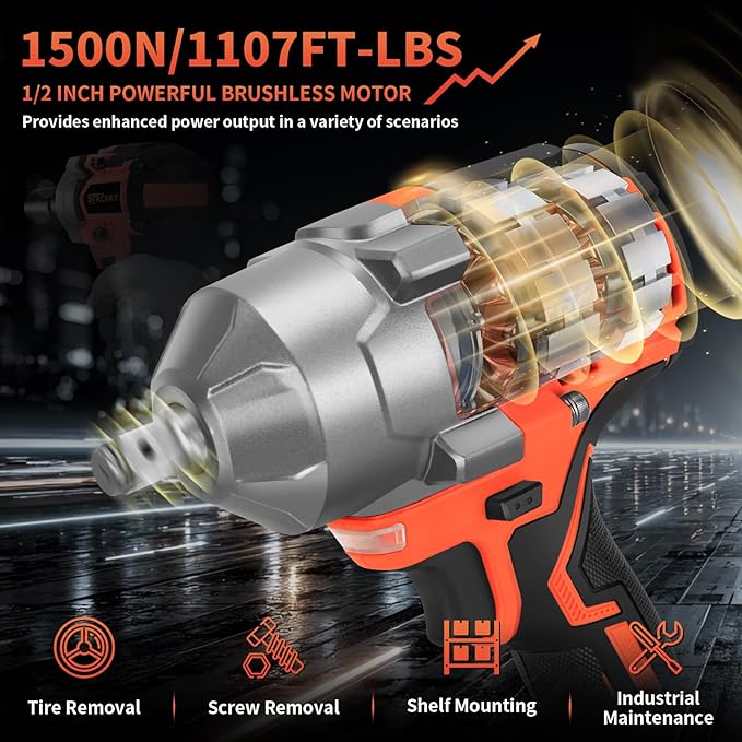 1500N.m Impact Wrench,1/2" High Torque 1107ft-lbs Brushless Impact Gun with 2 x 4.0Ah Battery,21V Power Impact Driver with 5 Sockets,LED Light,Electric Impact Truck RV Car Heavy Construction