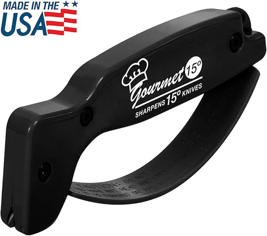 AccuSharp Gourmet Series, 15 Degree Knife Sharpener for Gourmet Knives, Diamond-Honed Tungsten Carbide Reversible Blades, Hones & Refines Straight-Edge or Serrated Gourmet Knives, Hand-Held, Black