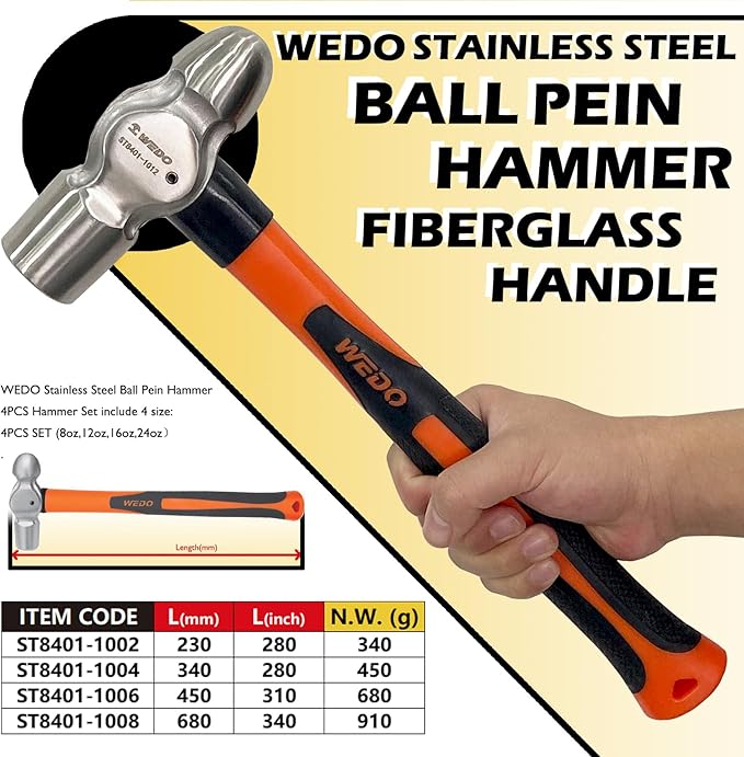 WEDO 4PCS Ball Pein Hammer Set,0.5lb+0.8lb+1lb+1.5lb(230g+340g+450g+680g),Stainless Steel Ball Peen Hammer Set With Fiberglass Handle,Die-forged,Shock-resistant,Corrosion Resistant