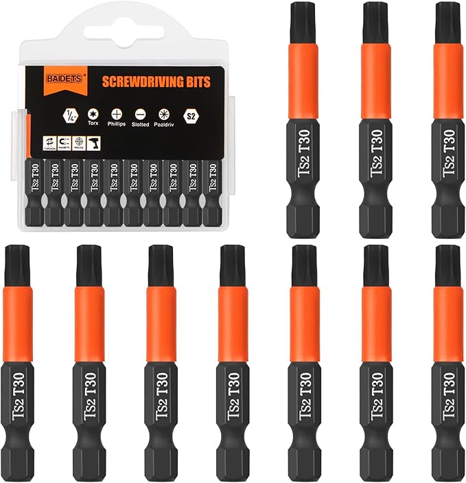 Pro T30 Screwdriver Bit Set - Torx Screwdriver 10 Pieces, 50mm Length, 1/4" Hex Shank Bit Assortment, with Storage Box