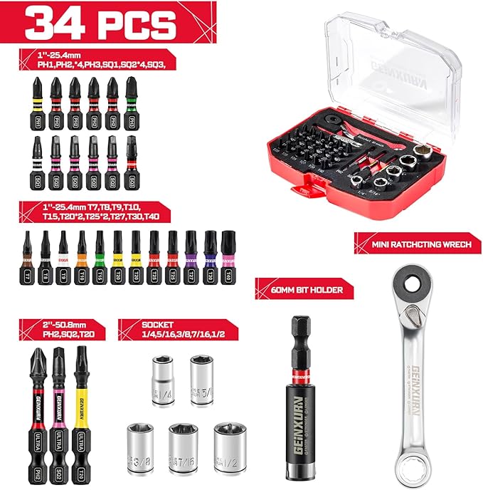 34 Pieces Tool Kit with Matching Storage Box, Include 1??2??S2 Steel Magnetic Screwdriver Bits (Phillips/Square/Torx), Socket, Bit Holder and Mini Ratchet Wrech for Home Repairs