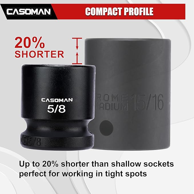 CASOMAN 11PCS 1/2" Drive Stubby Impact Socket Set, Low Profile, 3/8" - 1", SAE, CR-MO, 6-Point, 11 Pieces Shallow Socket Set for Automotive Maintenance, Repairs and DIY, for Tight Areas