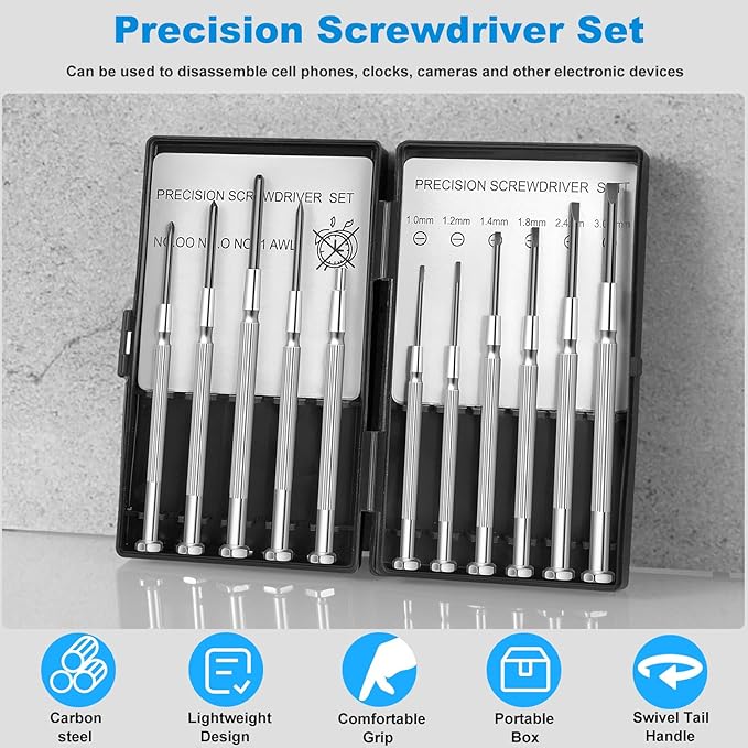 11 Pcs Small Precision Screwdriver Set, Tiny Screwdriver Set, Mini Screw Driver Kit with Slotted and Phillips Heads, Ideal for Watch, Eyeglasses, Toys, Electronics, Computer Repair