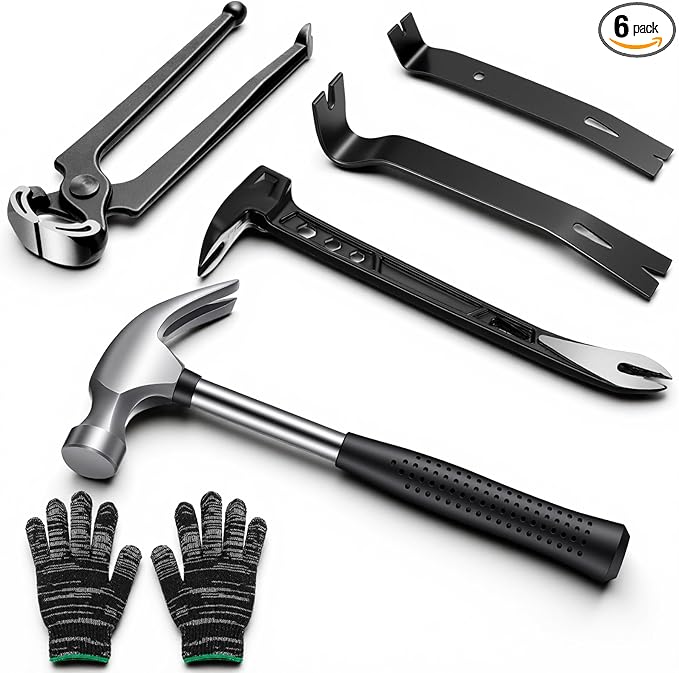 6 Pcs Pry Bar Set, 10" Paw Nail Puller, 7" and 9" Flat Claw Pry Bars, 8 Inch End Cutting Pliers, 8 oz Claw Hammer with Gloves, Utility Bar Set for Baseboard, Floor, Nails Removal