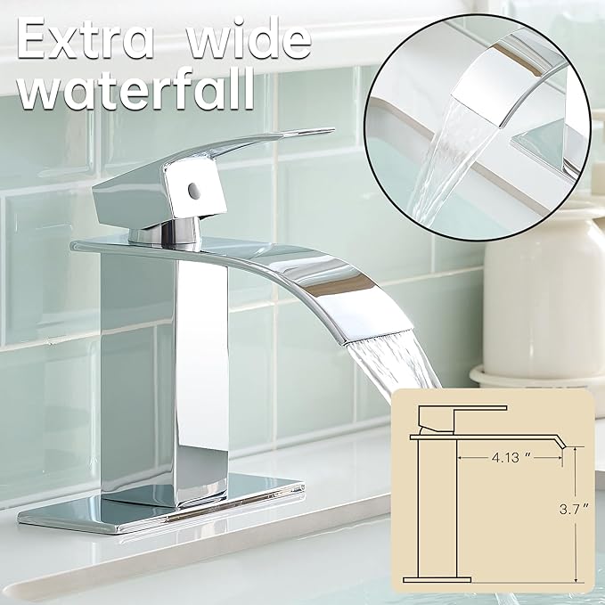 FRANSITON Black Waterfall Bathroom Faucet Lavatory Single Handle 1 or 3 Hole Bathroom Sink Faucet Washbasin Faucet with Deck and Pop-up Drain (Chrome, Short)