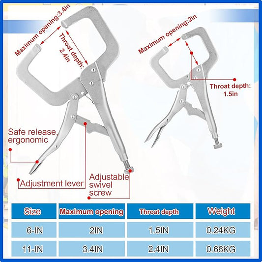 Yexiya 8 Pcs 11 Inch 6 Inch Locking C Clamp Locking Pliers Adjustable Welding Clamp Heavy Duty Alloy Steel with Regular Tip for Woodworking Shop Home Farm
