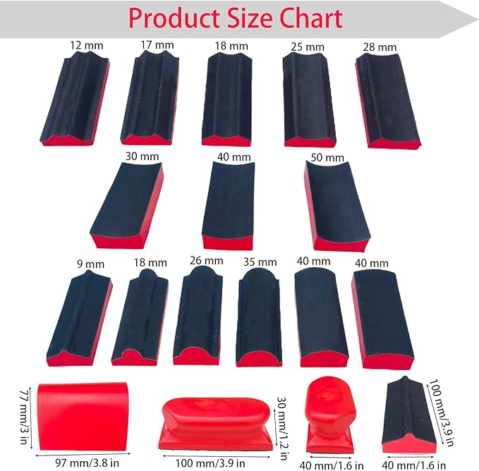 16-Piece Contoured Profile Hand Sanding Block Set with Hook and Loop Interchangeable Assorted Shapes Interchangeable Assorted Convex & Concave Shapes for Woodworking Furniture, Auto Paint and Crafts