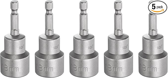 HARFINGTON 5pcs Nut Driver Drill Bit 18mm Metric Socket 1/4" Hex Shank 2.56" (65mm) Long Magnetic 6-Point Sockets Quick Change CR-V Steel Bolt Setters for Power Drill Drivers