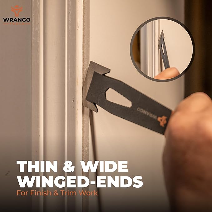 Wrango Tools 9.5" Trim Bar Pry Bar - Patented Small Pry Bar with Bolt Remover & Nail Puller for Home Improvement & Construction - Flat Bar with Shock-Absorbing Grip & Wide Winged Ends