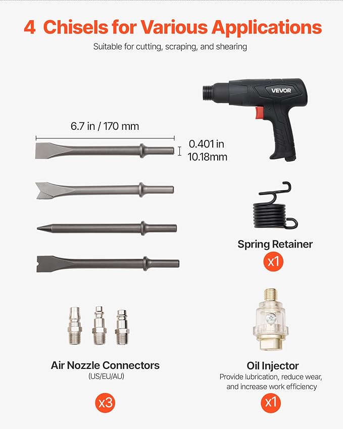 VEVOR Air Hammer, 2500-2700BPM Pneumatic Hammer with 2.76-inch Stroke & 4PCS 6.7" Long Barrel Chisels, Pistol-Grip Compact Air Chisel Pneumatic Shovel Tool for Cutting Scraping Demolishing
