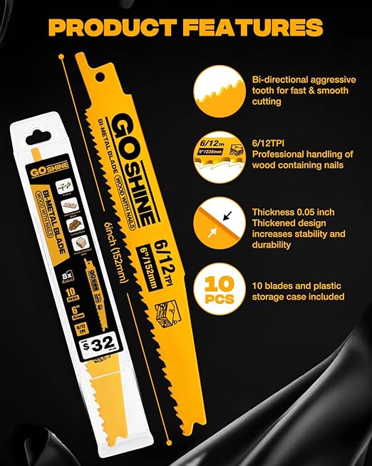 10 Pack 6 Inch 6/12TPI Reciprocating Saw Blades,Stud and Nail Saw Blades, 6" High Strength Bi-Metal Saw Saw Blades Wood and Nail-Embedded Wood, Metal,PVC, Pallets etc,with Storage Box