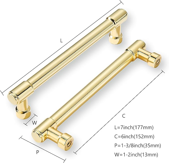 khtumeware 10-Pack 6inch Hole Center Polished Brass Cabinet Pulls Heavy Duty Solid Unlacquered Brass Cabinet Handles for cabinets Dressers
