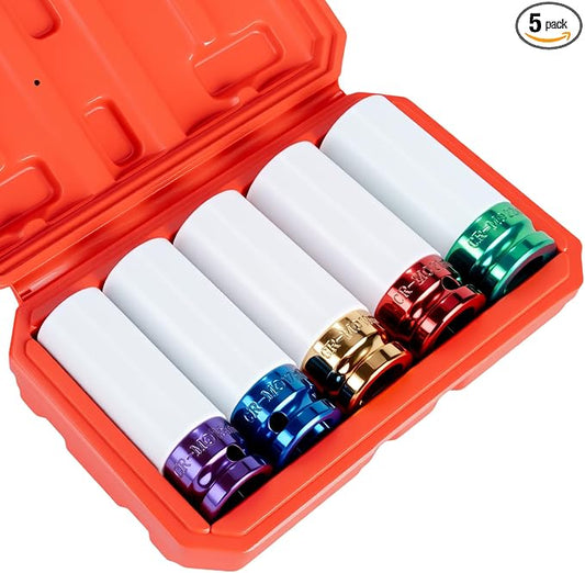 1/2" Drive Wheel Protector Impact Socket, Non-Marring Lug Nut Thin Wall Deep Socket Set, CR-MO, 6 Point, Color-Coded Protective Socket | Metric 15 17 19 21 22 mm (5 PCS)
