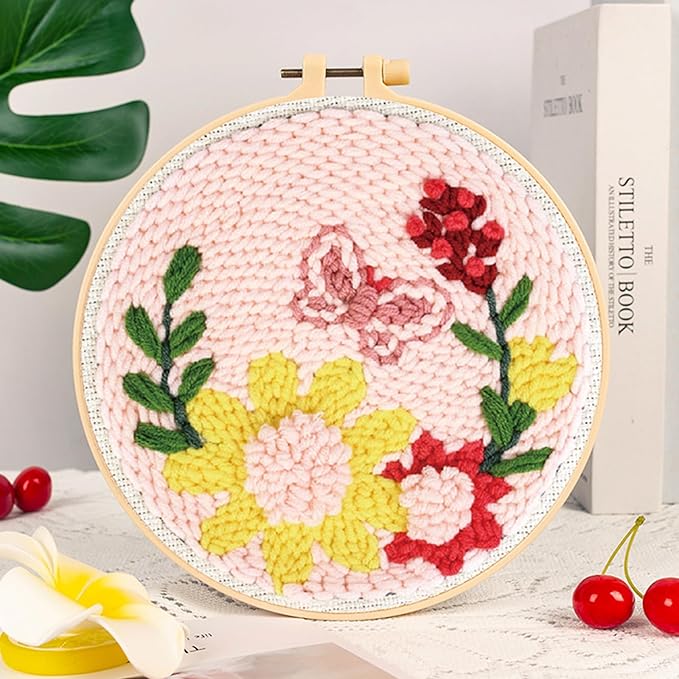 Woohome Punch Needle Kit Included Plastic Hoops, Punch Needle Cloth, Color Yarn and Punch Needle Tools for Adults, Beginners (Sunflowers, Butterflies and Flowers)