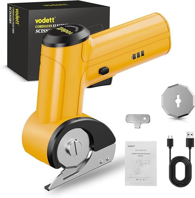4V Cordless Electric Scissors, Rechargeable Cardboard Cutter with 2000mAh Battery, Safety Lock & 2 Blades ??Great Gift for DIY Crafts, Fabric, Leather Projects (Yellow)