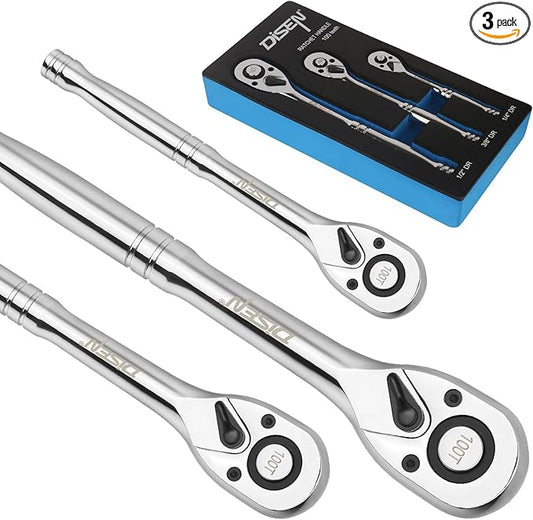 DISEN 3-Piece Standard Ratchet Set ??1/4", 3/8", 1/2" Drive with EVA Storage Tray | 100-Tooth Ratchet, Non-Slip Grip, Quick Release Button | Reversible Design with 3.6째 Swing for Tight Spaces
