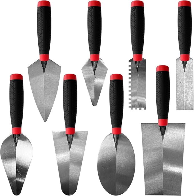 8 Pack Masonry Hand Tool Set, 3 PC Brick Trowels, 3 PC Margin Trowels, 7??Gauging Trowel and 7??Bucket Trowel, Bricklaying Hand Tool for Concrete, Cement, Plaster, Tile Construction Projects