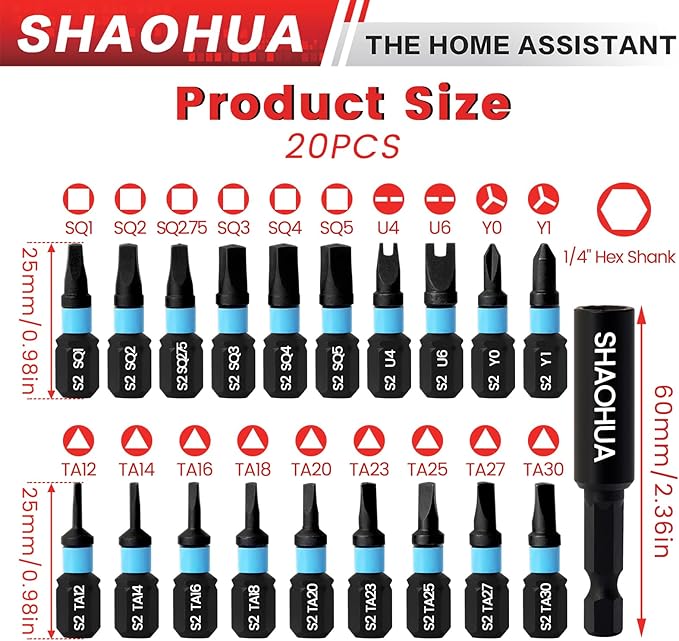 20PCS Screwdriver Bit Set, 1"Triangle Screwdriver Set TA12-30, Square Drive Bits#2,2.75,3,4,5, U-Shaped Bits Set U4,U6, Y-type screwdrivers Y0,Y1, S2 Steel Hex Head Drill Bit Set with 1/4" Bit Holder