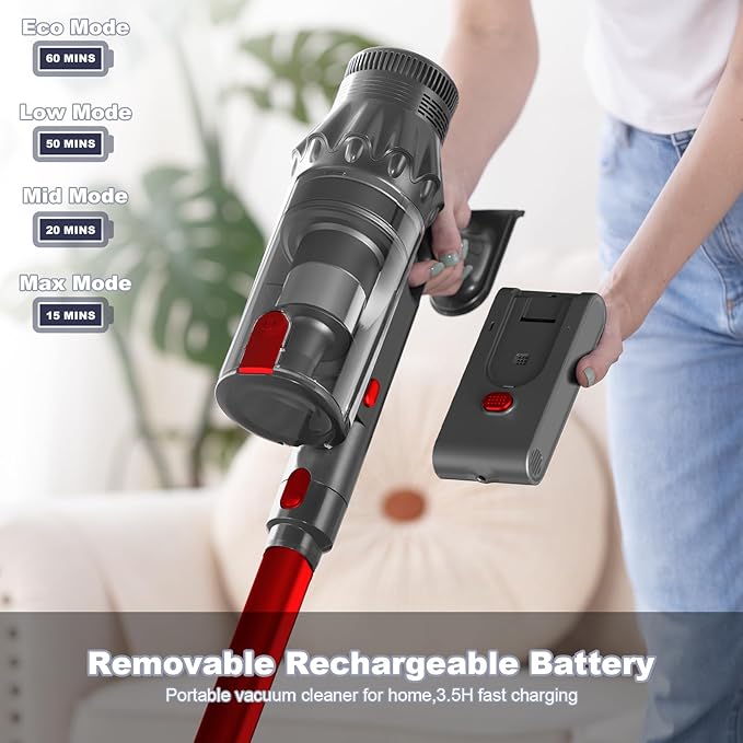Vacuum Cleaners for Home - Cordless Stick Vacuum Cleaner, Lightweight High Power Vac for Pet Hair Carpet Hardwood Floor, Handheld Portable Wireless Rechargeable Battery Household Vac,Red