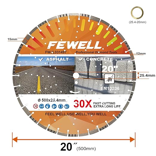 FEWELL 20" Concrete Diamond Saw Blade,Asphalt Diamond Blade Multi-Purpose for Cutting Hard Reinforced Concrete Asphalt Masonry Stone Terrazzo, Laser-Welded Segmented, 1"-20mm Arbor