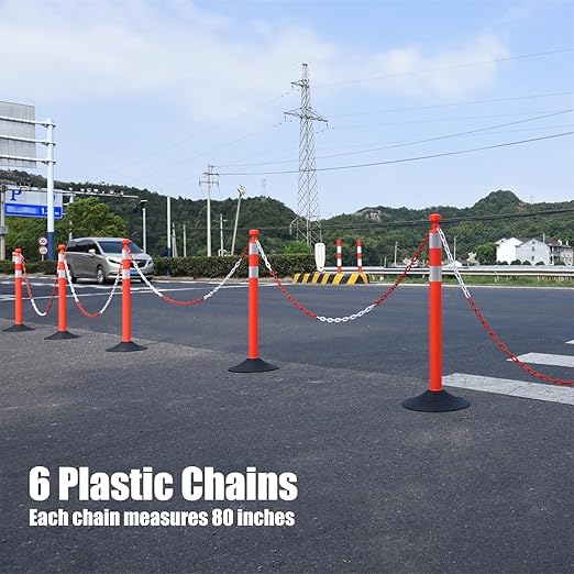 6-Set Pack 40" inch Red White Work Zone Chain Post Set, Traffic Delineator Post Cones, 6 x 6.6' Feet Plastic Chains, Portable Crowd Control Stanchion Set (Red-Rubber Base)