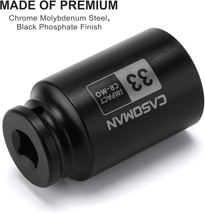 CASOMAN 1/2-Inch Drive x 33 mm Deep 6-Point Impact Socket, CR-MO, 1/2" Dr. Axle Nut Socket for Easy Removal of Axle Shaft Nuts (33MM)
