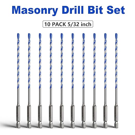 10 Pack 5/32 inch Concrete Drill Bit Set,Masonry Drill Bit Set with Hex Shank,Carbide Tip Drill Bits for Concrete,Cement, Tile,Brick, Plastic (5/32"竊?0 Pcs竊?