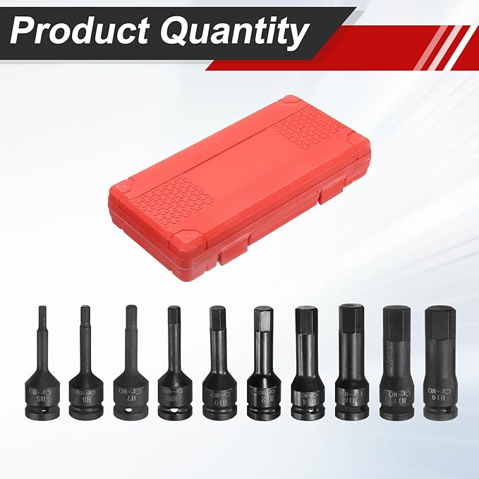 uxcell 1/2 Inch Drive Hex Impact Bit Socket Set H5-H19 Cr-Mo Steel Phosphate Black Lengthen Hex Screwdriver Socket Adapter Kit for Impact Wrenches Hand Tools 10pcs