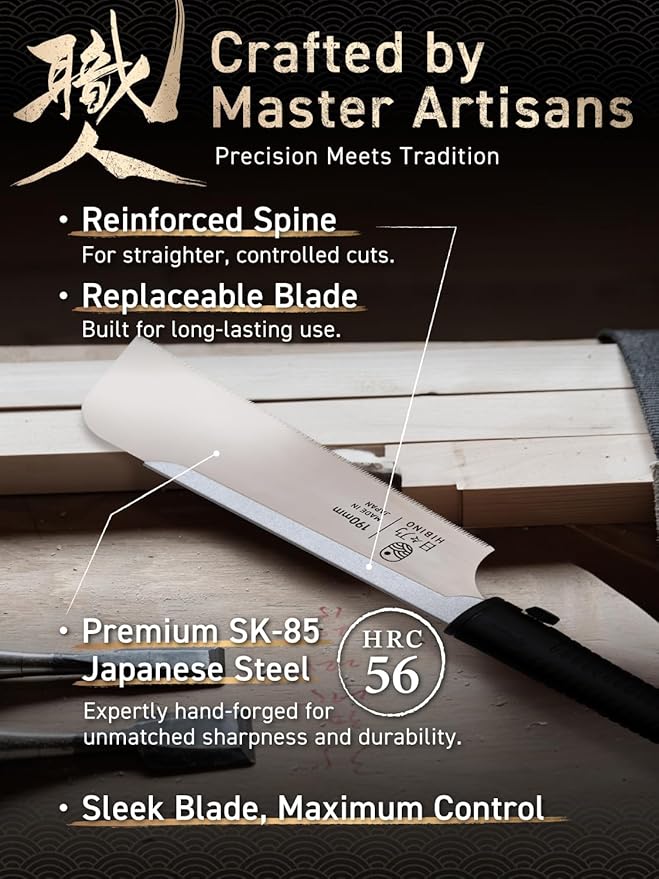 HIBINO Japanese Pull Saw 7.5” Kataba Hand Saw | Fine Crosscut Teeth | Lightweight, Single-Edge Blade for Precision Woodworking, Joinery & Detail Projects | Replaceable Blade | Made in Japan