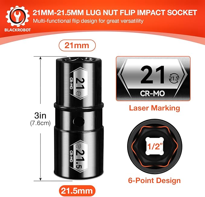 BLACKROBOT 1/2" Drive 21mm x 21.5mm Impact Lug Nut Socket, Half Size Lug Nut Removal Tool, CR-MO, 6-Point, Electroplated Surface for Auto Repair