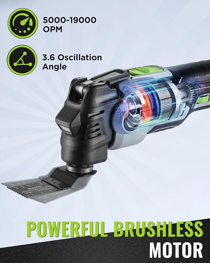 WORKPRO 20V Oscillating Tool Kit, Cordless and Brushless 19,000 RPM Orbiting Multi Tool with 6 Variable Speeds, 3.6째Oscillation Angle, 21pcs Saw Accessories, 1 Rechargeable Battery and Carrying Bag