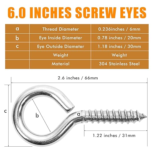20PCS 2.5 inches Screw Eyes M6 304 Stainless Steel Eye Screws, Heavy Duty Screw, Eye Hooks Screw Eye Bolts Eye Hooks Screw, Indoor & Outdoor Uses (20, M6-2.5inch)