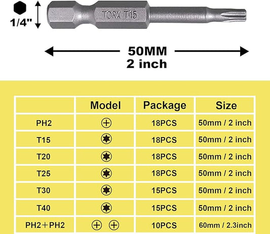 18pcs T15 Impact Driver Bits 50mm Impact Bit 1/4" Hex Shank S2 Drill Screwdriver Bit for Electronics Appliances and Automotive Repair