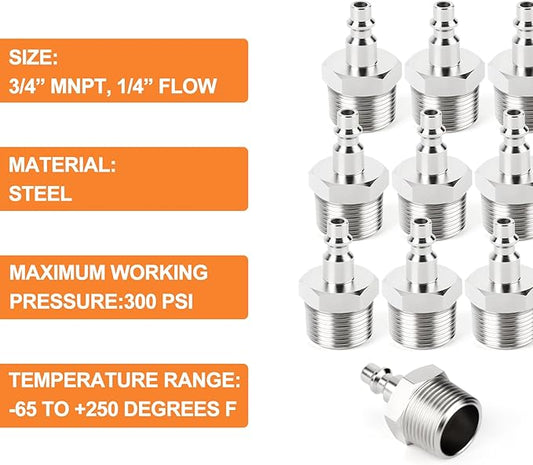 GASHER 10PCS 3/4-Inch NPT Male Industrial Air Tool Fitting, 1/4-Inch High Flow Pneumatic Plugs Max Working Pressure 300PSI