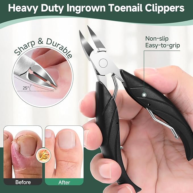 Toe Nail Clippers for Seniors, Dual- Angled Head & Long Handle, Heavy Duty Ingrown Toenail Clipper Set for Men (Black 5-in-1 Set)