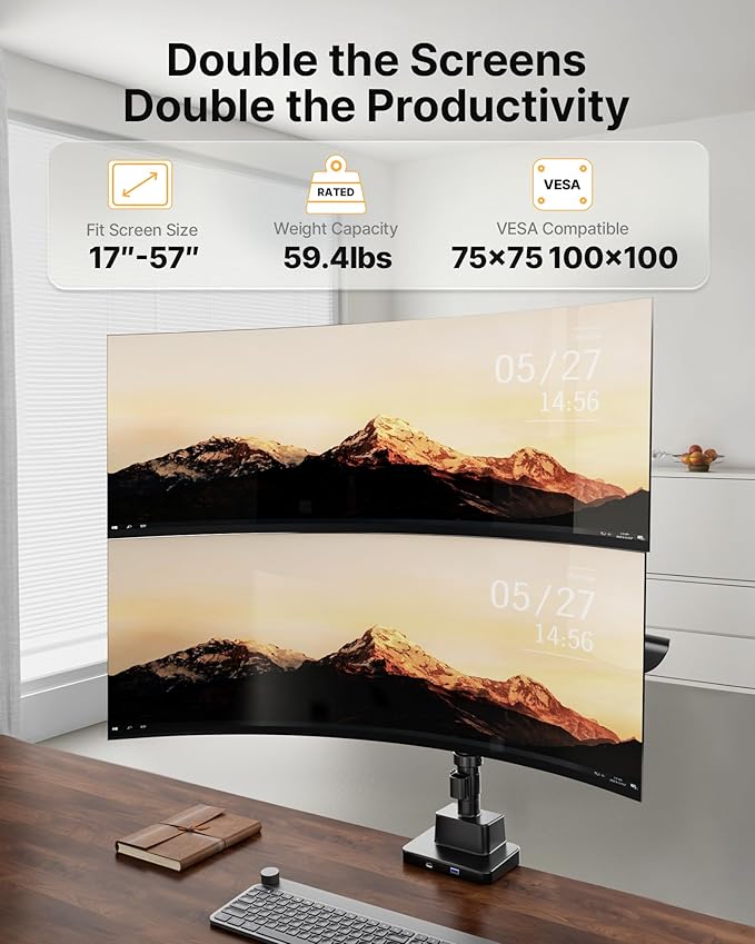 monTEK Sleek Aluminum Monitor Arm for 17??7??Ultrawide Screens up to 59.4 lbs, USB 3.0 A/C, Heavy Duty Dual Monitor Arm Desk Mount, Pneumatic Lift, Quick-Release Plate, Clamp/Grommet, Max VESA 100x100