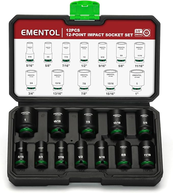 EMENTOL 3/8" Drive Impact Socket Set, Semi-Deep Sockets, 12 Pieces, Standard SAE (5/16"-1"), 12 Point, CR-MO, Stamped and ink filled